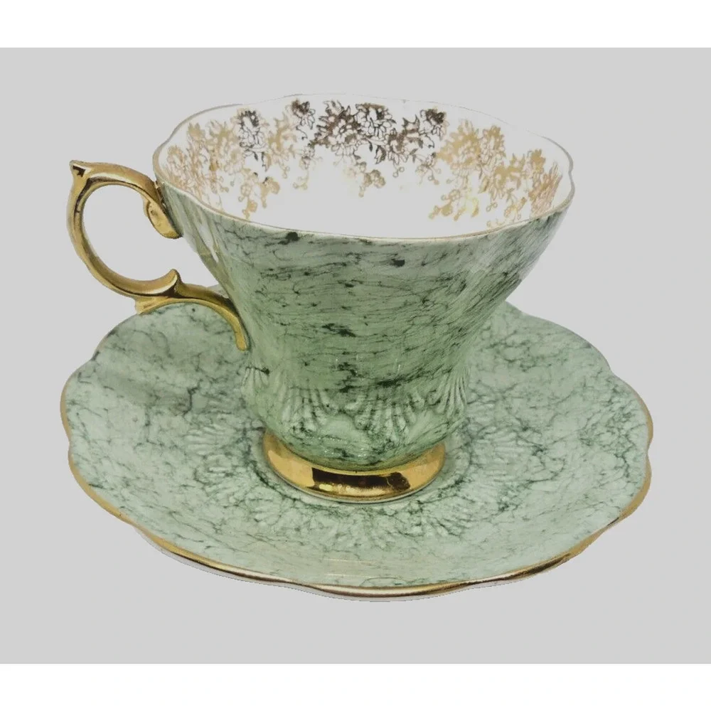 Rare Royal Albert Bone China Marbled Green Scalloped Tea Cup And Saucer England